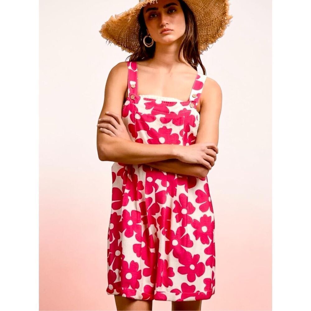 Bibi Floral Romper Pink Summer Boho Romper Pocket Short Overall Shortalls NEW - Picture 7 of 13
